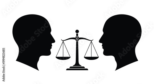 A stark black and white illustration depicts two human profiles facing each other balanced by scales of justice
