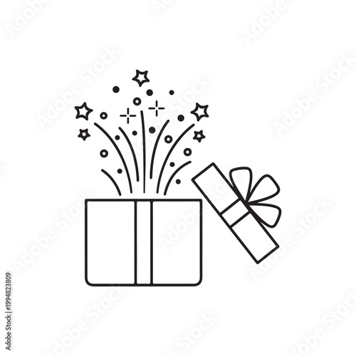 A black line drawing of a gift box with confetti and stars exploding out of it on white background