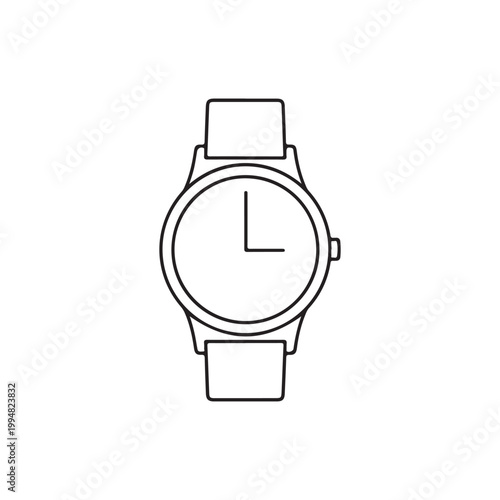 A simple line drawing of a wristwatch with a round face and rectangular strap on a white background