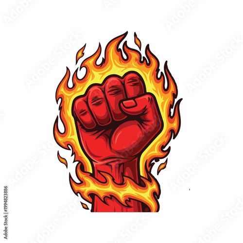 A red fist surrounded by flames on a white background, symbolizing power and energy in a bold graphic illustration