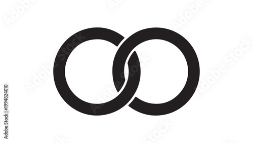 Black symbol of two interconnected rings on white background for design and decoration purposes