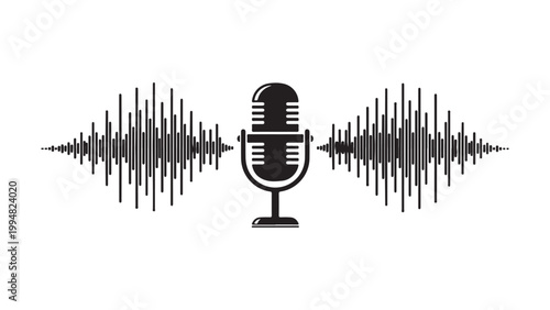 A black microphone icon with sound wave on a white background for audio or music concepts