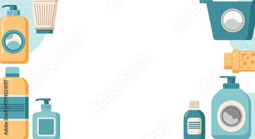 Various personal care and hygiene products like pump bottles and tubes are arranged around the borders of a clean white background.