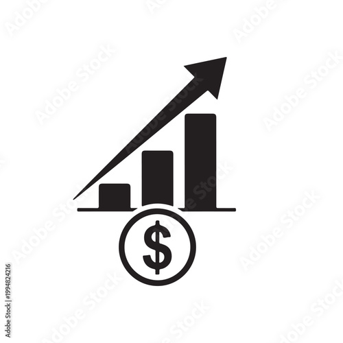 Black icon of a growing bar graph with a dollar sign and an upward arrow on a white background