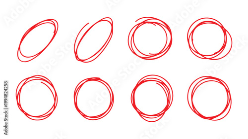 A set of eight red hand drawn circles on a white background for use as icons or graphics