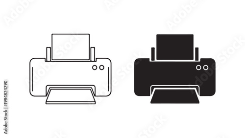 Vector illustration of a black and white printer icons in line and solid styles for printing concepts