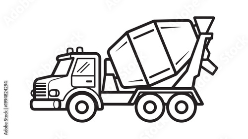 A black line drawing of a cement mixer truck on a white background used for construction and industrial purposes