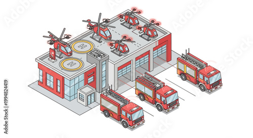 Futuristic Isometric Fire Station with Automated Rescue Drones and Smart Fire Trucks