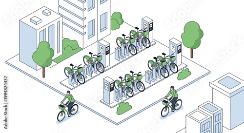 Isometric Urban Bicycle Sharing Station with Electric Green Bikes and People Cycling in a Modern City, Eco-friendly Sustainable Transportation Concept Illustration