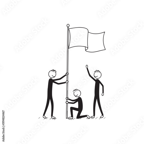 Three stick people setting up a flagpole with a waving flag together outdoors