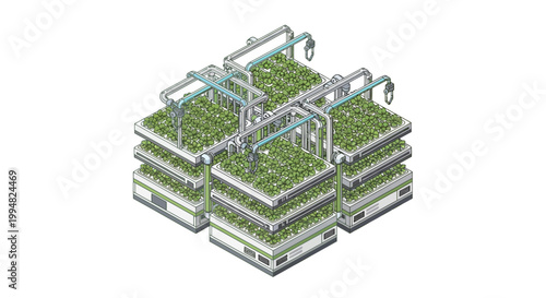 Automated Vertical Farm System Isometric Illustration - Smart Agriculture Technology with Robotic Arms and Hydroponic Greenery for Sustainable Food Production
