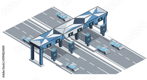 Isometric Highway Toll Plaza Illustration with Modern Cars and Futuristic Infrastructure