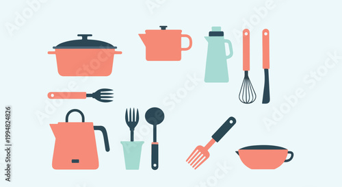 A minimalist collection of kitchen utensils and cookware icons, featuring pots, kettles, and whisks in coral and teal tones on a light background.