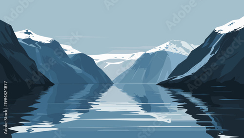 Scenic fjord landscape with tranquil water reflections and snow-capped mountains