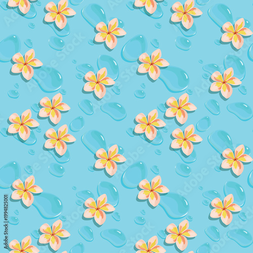 Plumeria flowers on a background of water drops. Floral seamless pattern. Sunny mood. Tropical paradise. Summer poolside background.