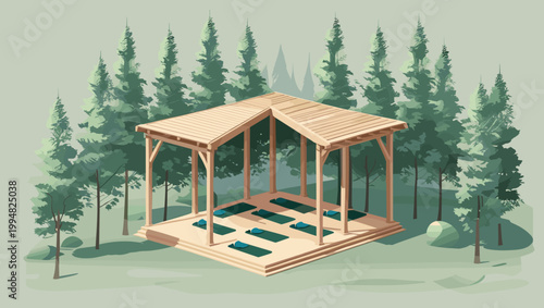 Wooden pavilion in serene forest landscape with yoga mats