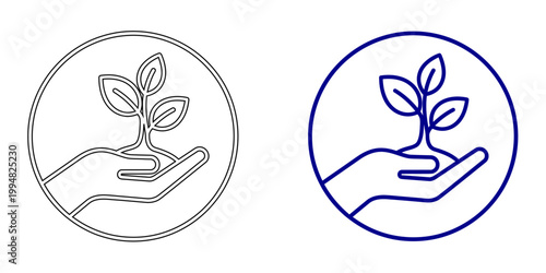 Hand Nurturing Sprout Icon in Circular Frame for Organic Growth Environmental Stewardship Nature Conservation and Sustainable Agriculture Concept Vector Illustration in Navy Blue and Gray