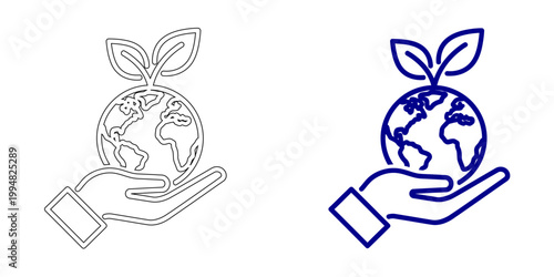 Hand Holding Earth Globe with Sprouting Leaves for Global Environmental Protection Sustainability CSR and Green Planet Conservation Concept Vector Illustration in Navy Blue and Gray Outline