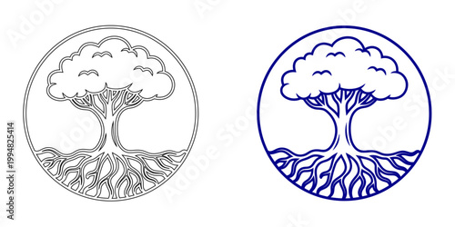 Tree of Life Outline Vector Illustration with Deep Roots and Circular Frame for Family Heritage Genealogy Nature Conservation and Environmental Growth Concept Graphics in Navy Blue and Gray