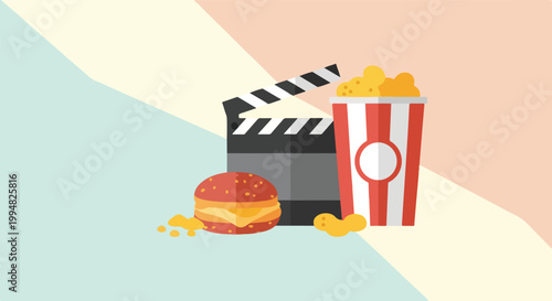 This flat vector illustration features a movie clapperboard, a classic popcorn bucket, and a delicious burger against a geometric background.