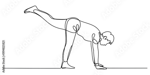Continuous line drawing of a person performing a single leg balance exercise for physical fitness
