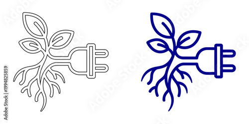 Minimalist Green Energy Vector Icon with Plant Roots and Electric Plug in Navy Blue Solid and Thin Line Style for Sustainability Eco-Friendly Technology and Renewable Power Branding Illustration