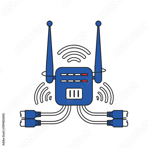 Technology Concept Illustration of Wireless Router Hub with Internet Connectivity and Data Transmission Signals