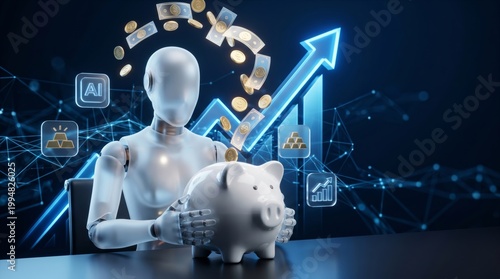 AI Robot Holding Piggy Bank with Flying Coins and Growth Arrow Chart on Dark Blue Background 3d render