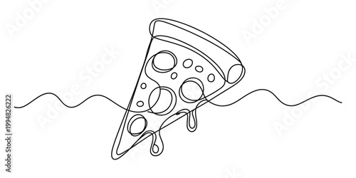 A single continuous line drawing of a delicious slice of pizza with melted cheese and pepperoni