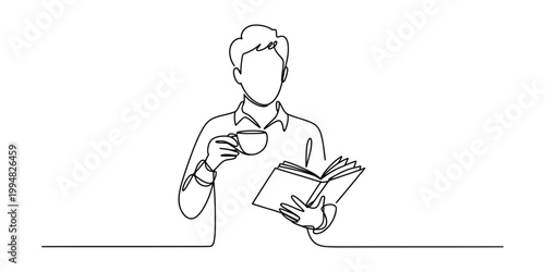 A continuous line drawing of a young man holding a cup of coffee while reading an open book study