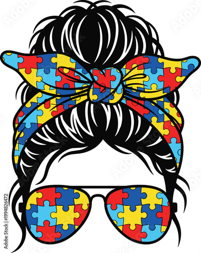 Autism Awareness Woman Avatar with Puzzle Pattern Sunglasses Vector Female Hairstyle Headwrap Illustration