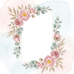 Watercolor floral border with pink roses and eucalyptus leaves blank space save the date thank you plants and flowers hand drawn watercolor decoration copy space template greeting card