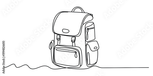 A single continuous line drawing illustration of a classic school backpack with side pockets
