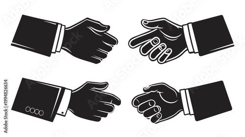 Four black and white illustrations showing hands in suits gesturing various handshake types