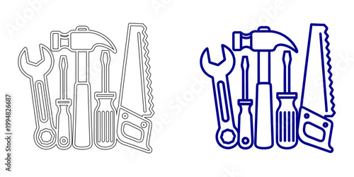 Professional Carpentry Hand Tool Kit with Saw, Hammer, Wrench, and Screwdriver, Minimalist Navy Blue and Gray Outline Vector Icon for Woodworking, Home Repair, and DIY Maintenance Concept