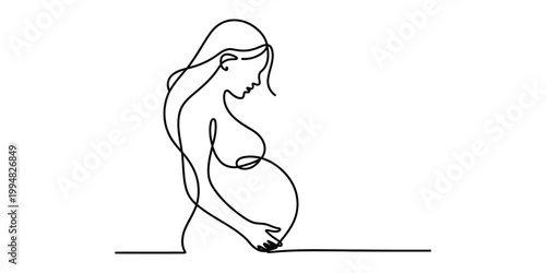 Minimalist continuous line drawing depicting the silhouette of a graceful pregnant woman profile