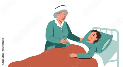 Elderly Patient in Hospital Bed with Caregiver Support