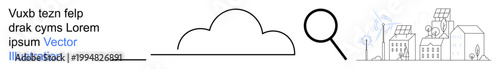Cloud computing, data search, technology, sustainable living, renewable energy, urban innovation. Abstract cloud, magnifying glass sustainable cityscape with solar panels. Cloud computing and data