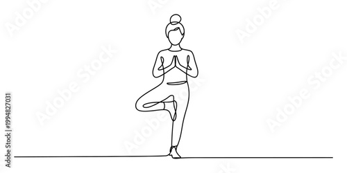 Continuous single line drawing of a woman performing the tree pose for balance and mindfulness yoga