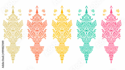 Five ornate, colorful, stylized depictions of temple or palace roof ornaments, on white