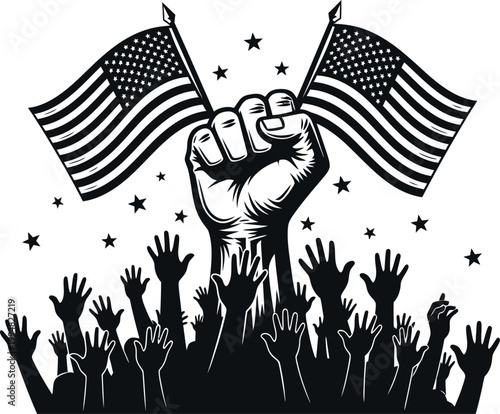 American solidarity a raised fist with flags and supporting crowd