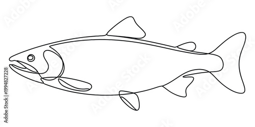 Minimalist continuous line drawing of a salmon swimming gracefully in a simple artistic style