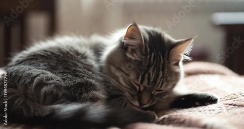 Resting feline: Capture the peaceful slumber of a domestic cat, basking in the warmth of home. Evoking the peace of home.