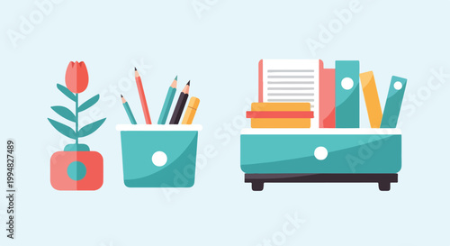 This minimalist flat vector illustration features a potted flower, a pencil holder, and an organized desk drawer unit with files and books.