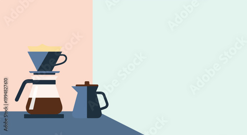 A minimalist vector illustration features a pour-over coffee maker and a small pitcher on a blue table against a dual-tone background.