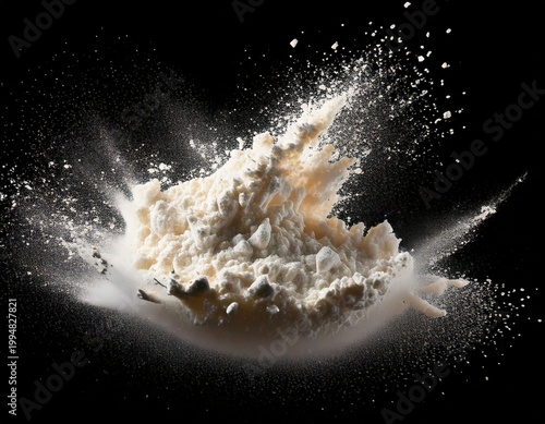 Explosion of White Flour and Sugar Particles Captured in Dynamic Motion Against a Dark Background