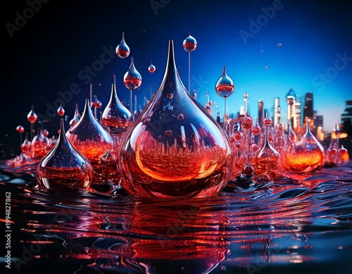 Floating 3D liquid mercury drops with futuristic chrome aesthetic reflecting a neon city skyline.
