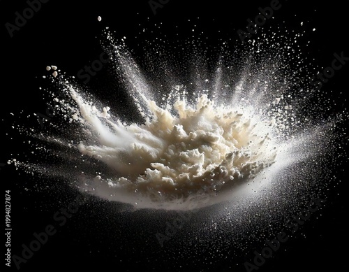 Explosive Swirl of White Flour and Sugar Particles Captured in Dramatic Motion Against a Dark Background
