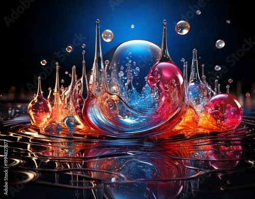 Futuristic Chrome Liquid Mercury Drops Splashing with Vibrant Neon Colors and Reflections