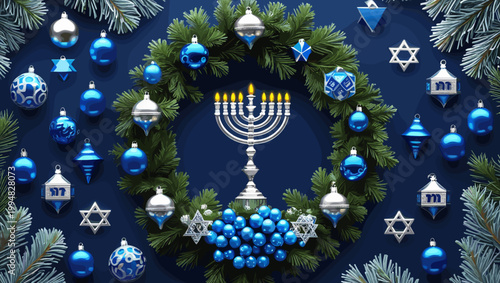 Hanukkah menorah with blue decorations and pine branches on a dark background